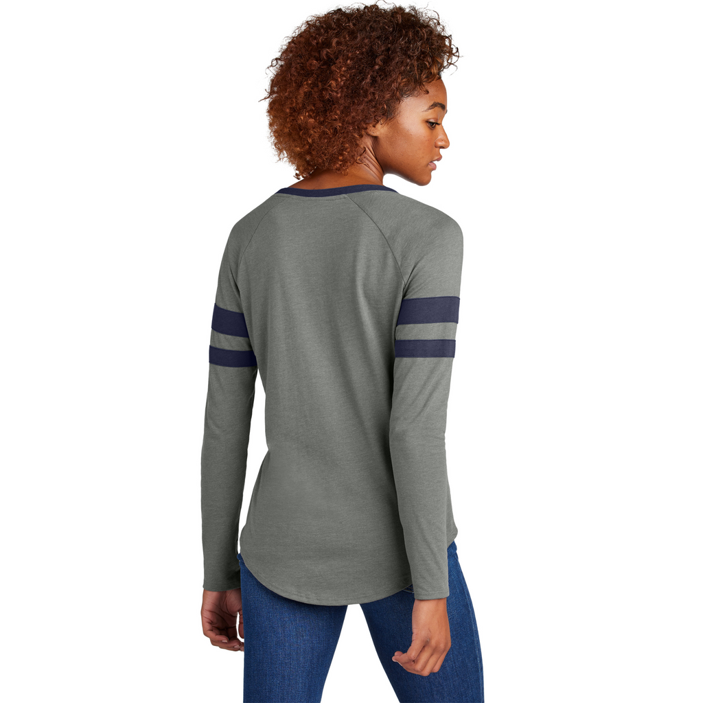 Sport-Tek Ladies Striped Long Sleeve V-Neck Tee - True Navy/ Vintage Heather
