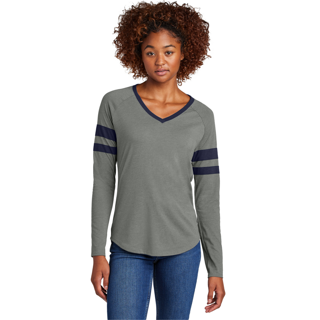 Sport-Tek Ladies Striped Long Sleeve V-Neck Tee - True Navy/ Vintage Heather