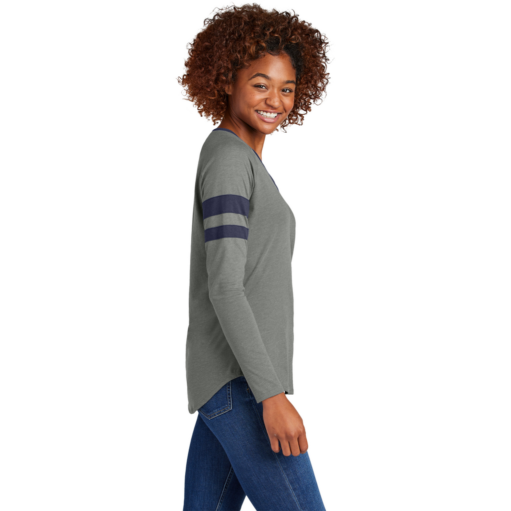 Sport-Tek Ladies Striped Long Sleeve V-Neck Tee - True Navy/ Vintage Heather