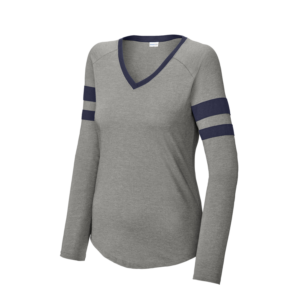 Sport-Tek Ladies Striped Long Sleeve V-Neck Tee - True Navy/ Vintage Heather
