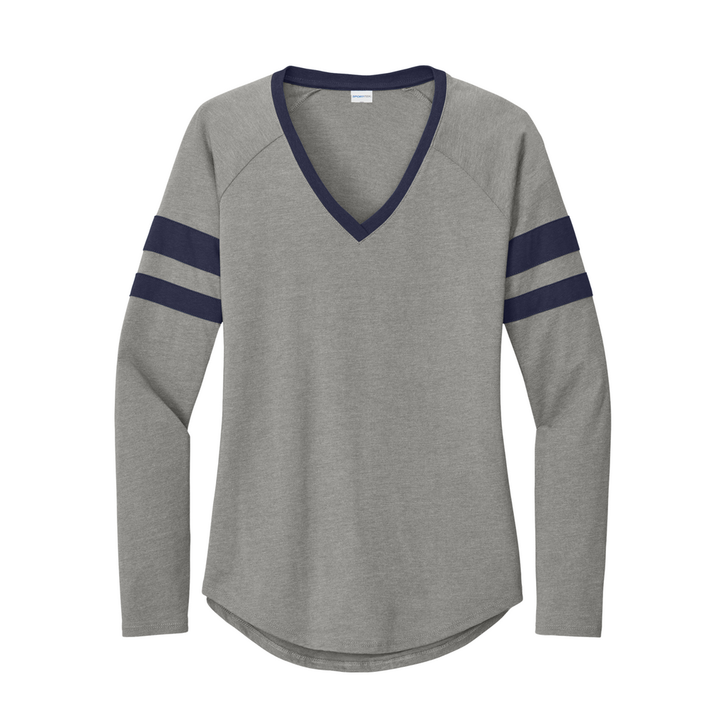 Sport-Tek Ladies Striped Long Sleeve V-Neck Tee - True Navy/ Vintage Heather