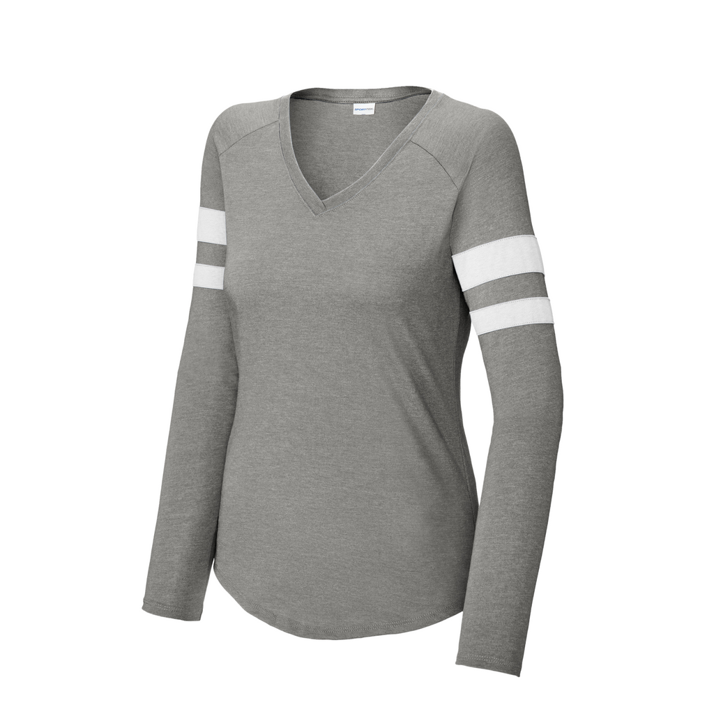 Sport-Tek Ladies Striped Long Sleeve V-Neck Tee - White/Vintage Heather