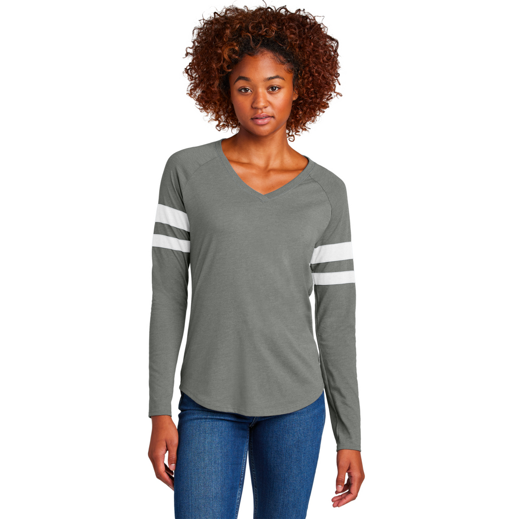 Sport-Tek Ladies Striped Long Sleeve V-Neck Tee - White/Vintage Heather