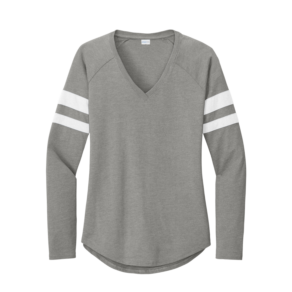 Sport-Tek Ladies Striped Long Sleeve V-Neck Tee - White/Vintage Heather