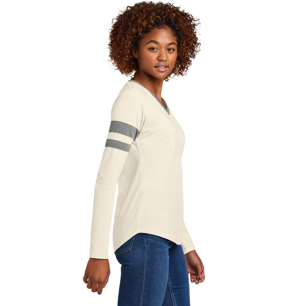 Sport-Tek Ladies Striped Long Sleeve V-Neck Tee - Vintage Heather/Ecru