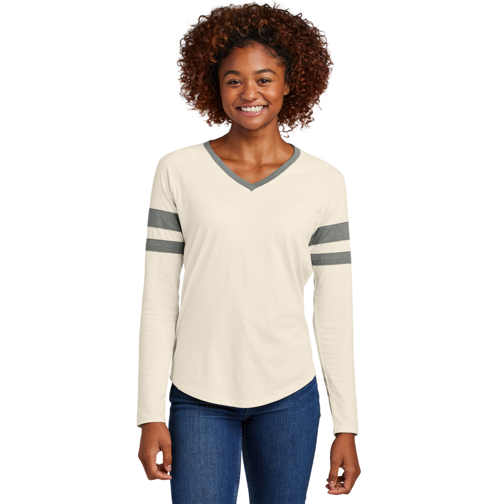Sport-Tek Ladies Striped Long Sleeve V-Neck Tee - Vintage Heather/Ecru