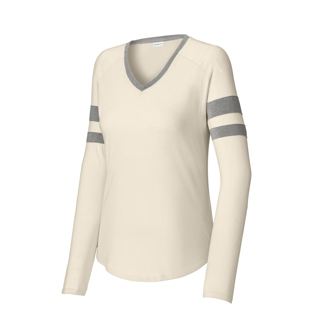 Sport-Tek Ladies Striped Long Sleeve V-Neck Tee - Vintage Heather/Ecru