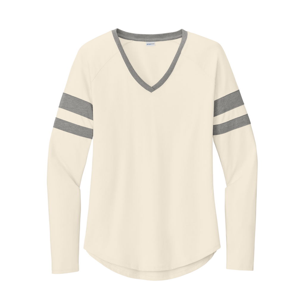 Sport-Tek Ladies Striped Long Sleeve V-Neck Tee - Vintage Heather/Ecru