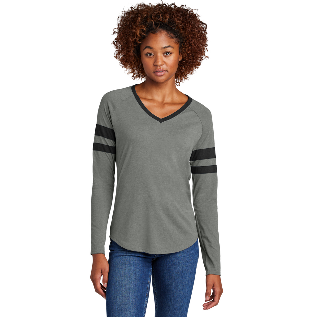 Sport-Tek Ladies Striped Long Sleeve V-Neck Tee - Black/ Vintage Heather