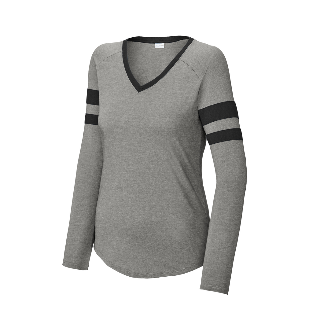 Sport-Tek Ladies Striped Long Sleeve V-Neck Tee - Black/ Vintage Heather