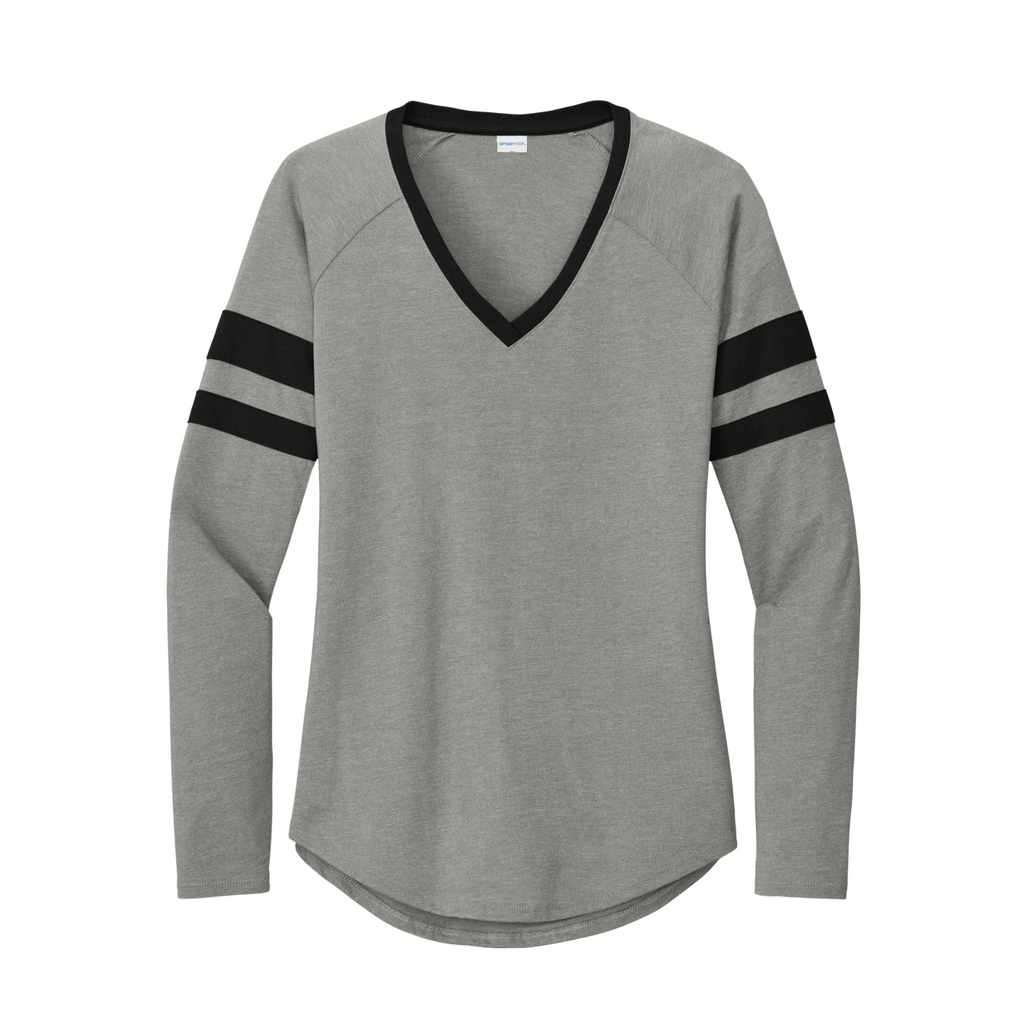 Sport-Tek Ladies Striped Long Sleeve V-Neck Tee - Black/ Vintage Heather