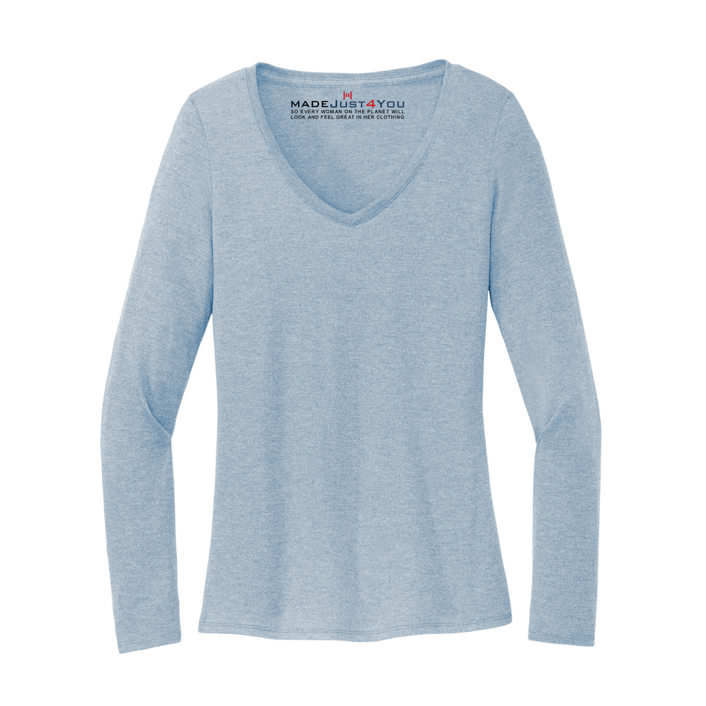 District Ladies Tri-Blend Long Sleeve V-Neck T-Shirt - Flint Blue Heather 