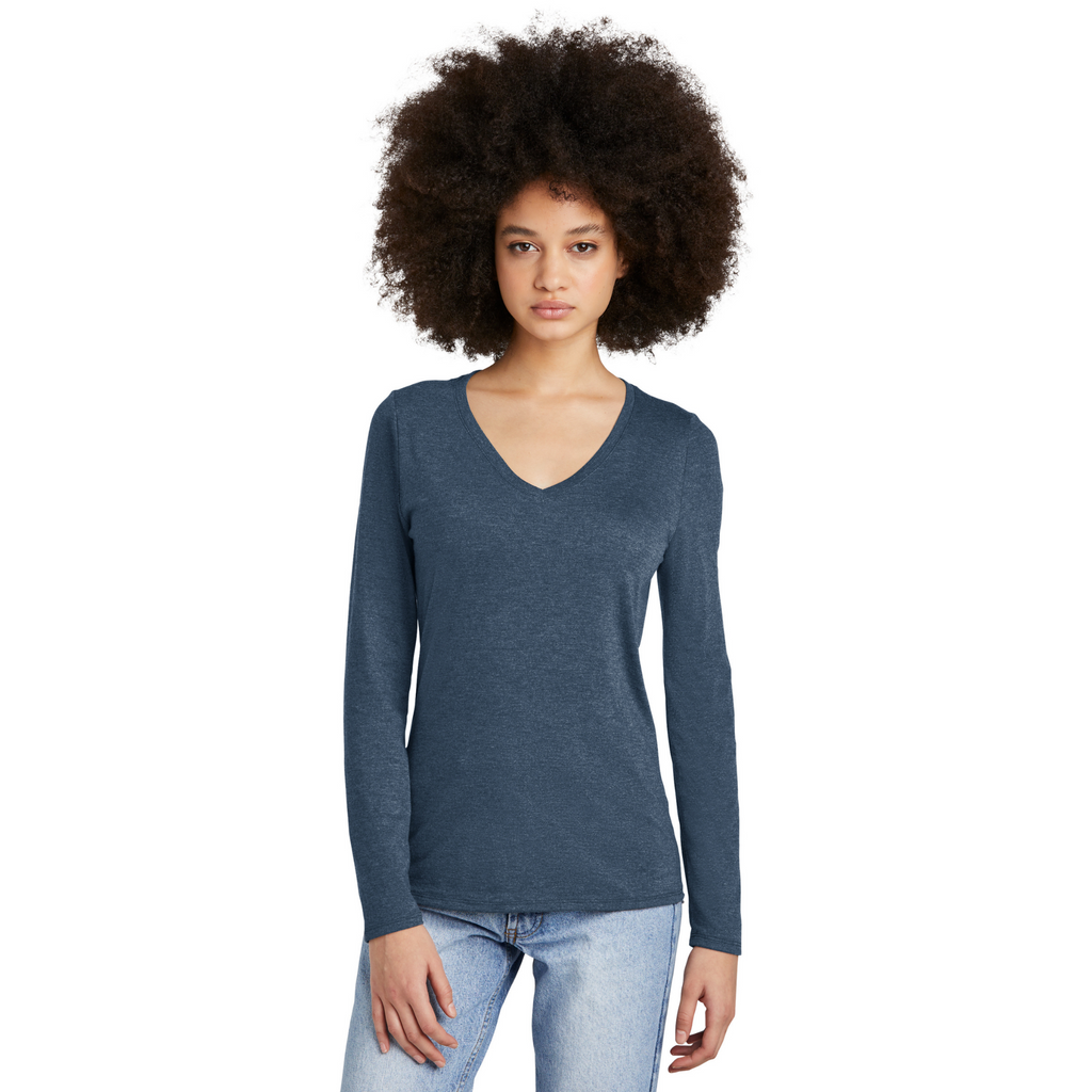 District Ladies Tri-Blend Long Sleeve V-Neck T-Shirt - Navy Frost