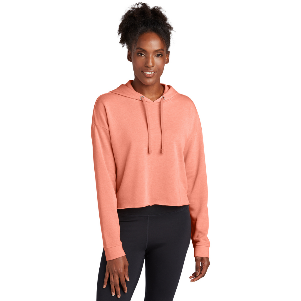 Sport-Tek Ladies SoftCoral Heather PosiCharge Tri-Blend Wicking Fleece Crop Hooded Pullover