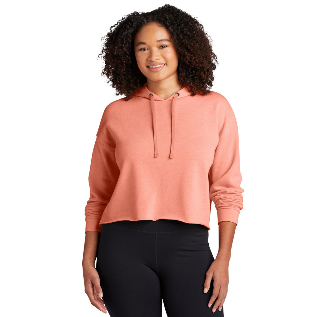Sport-Tek Ladies Soft Coral Heather PosiCharge Tri-Blend Wicking Fleece Crop Hooded Pullover