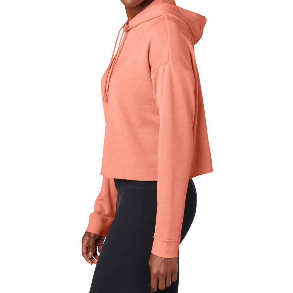 Sport-Tek Ladies Soft Coral Heather PosiCharge Tri-Blend Wicking Fleece Crop Hooded Pullover