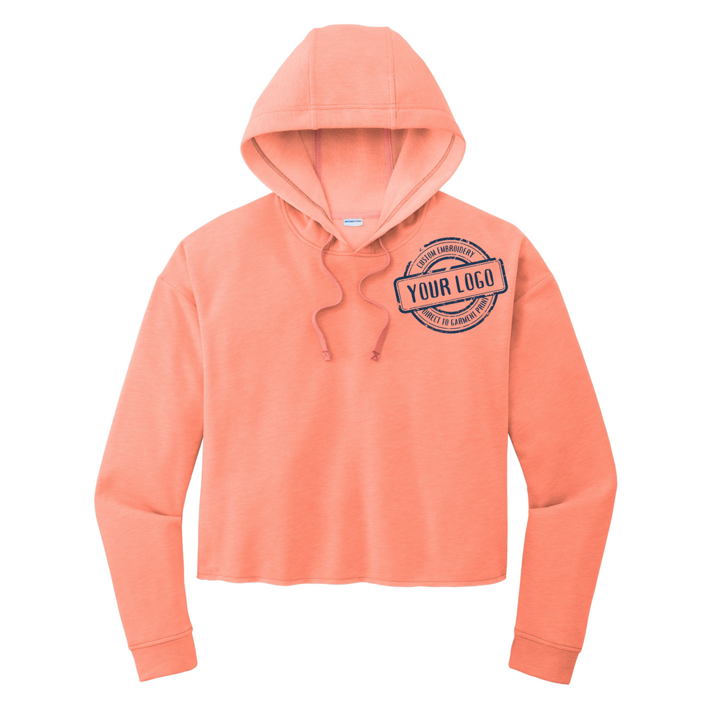 Sport-Tek Ladies Soft Coral Heather PosiCharge Tri-Blend Wicking Fleece Crop Hooded Pullover