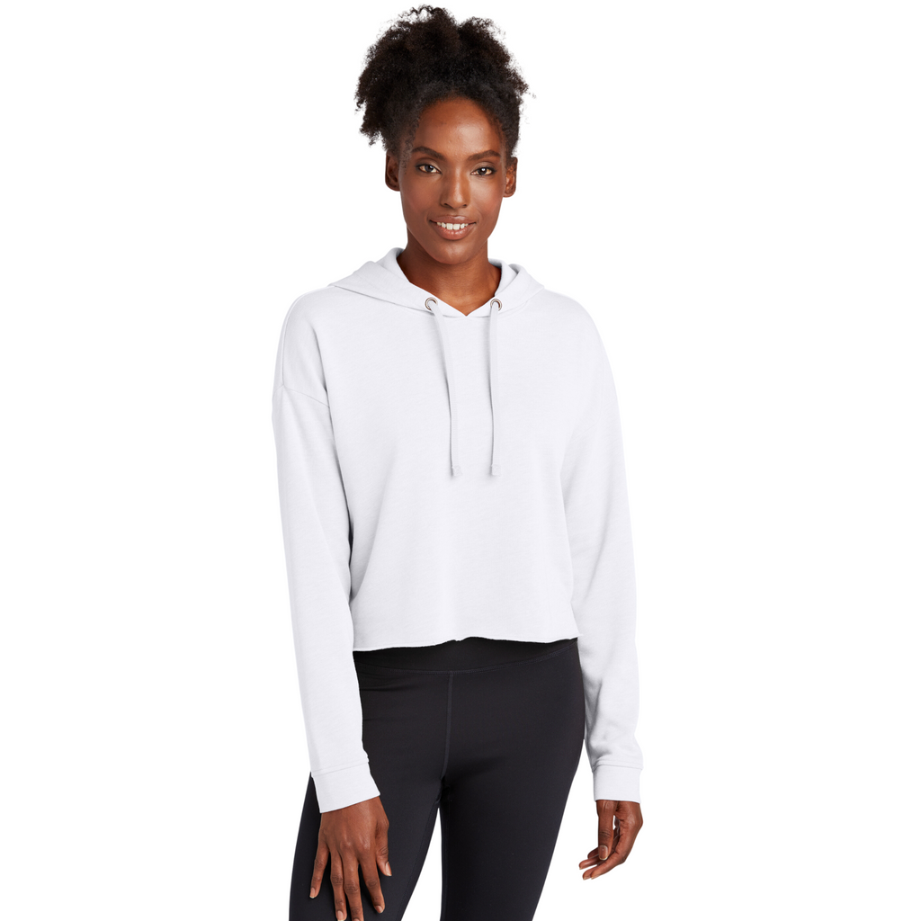Sport-Tek Ladies White Triad Solid PosiCharge Tri-Blend Wicking Fleece Crop Hooded Pullover