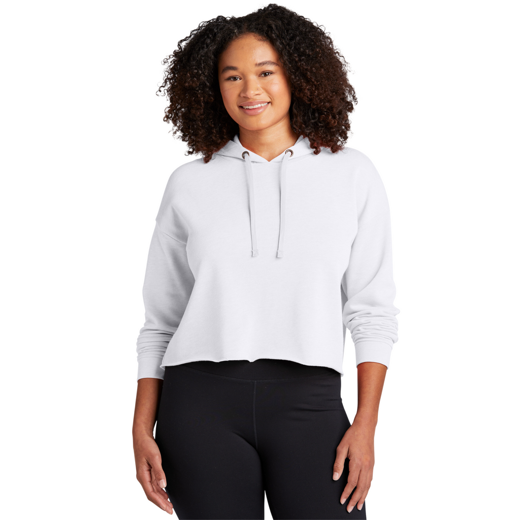 Sport-Tek Ladies White Triad Solid PosiCharge Tri-Blend Wicking Fleece Crop Hooded Pullover