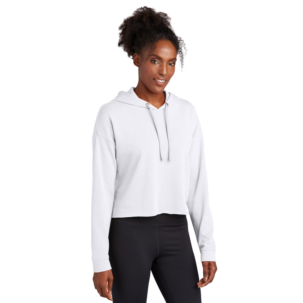 Sport-Tek Ladies White Triad Solid PosiCharge Tri-Blend Wicking Fleece Crop Hooded Pullover