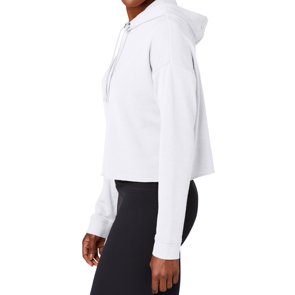 Sport-Tek Ladies White Triad Solid PosiCharge Tri-Blend Wicking Fleece Crop Hooded Pullover