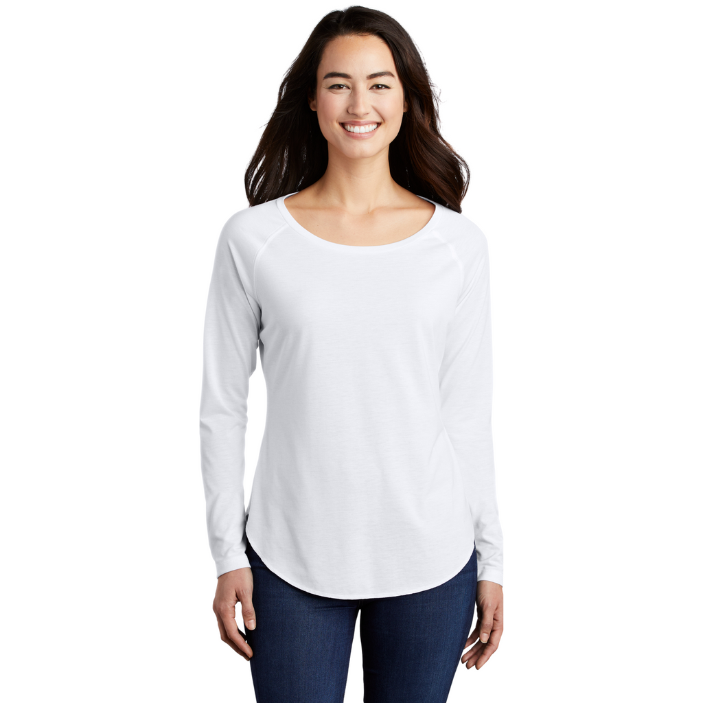 Sport-Tek Ladies PosiCharge Long Sleeve Tri-Blend Wicking Scoop Neck Raglan Tee - White Triad Solid