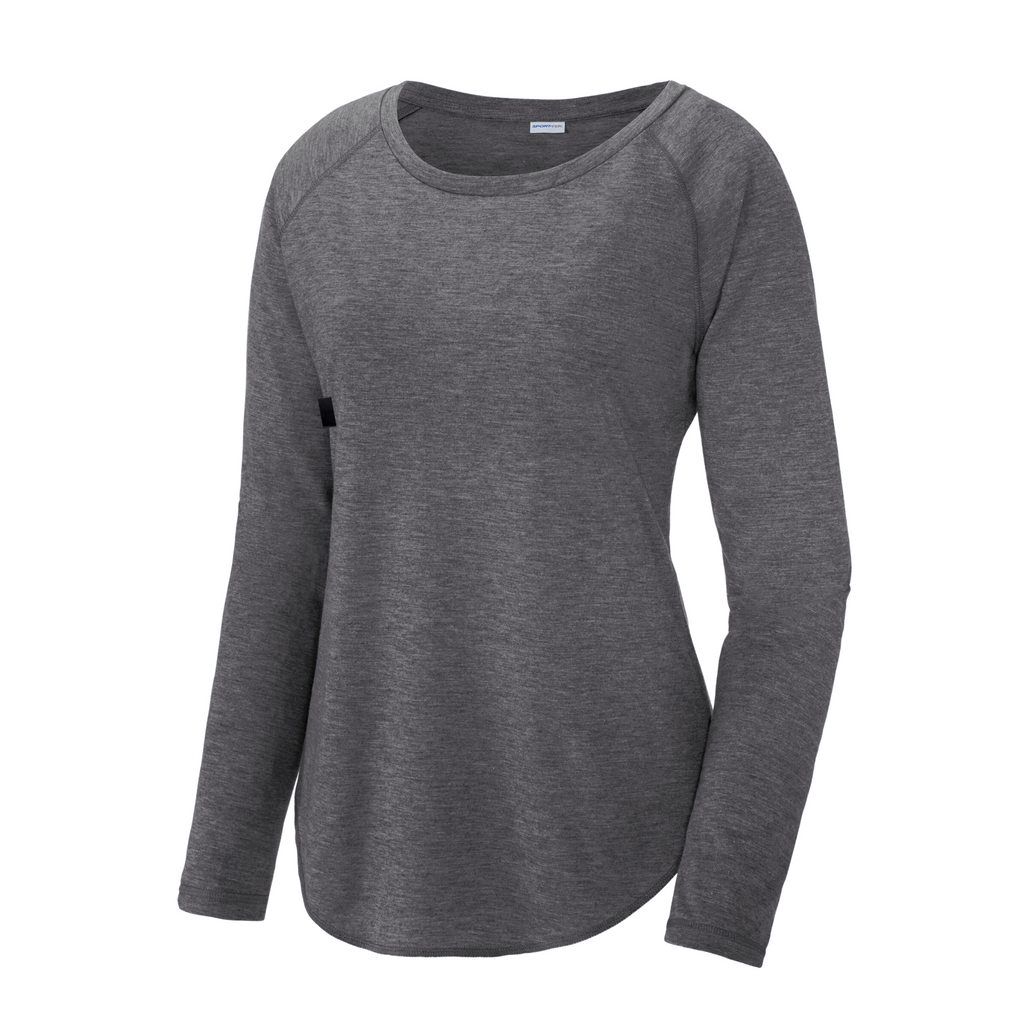 Sport-Tek Ladies PosiCharge Long Sleeve Tri-Blend Wicking Scoop Neck Raglan Tee - Dark Grey Heather