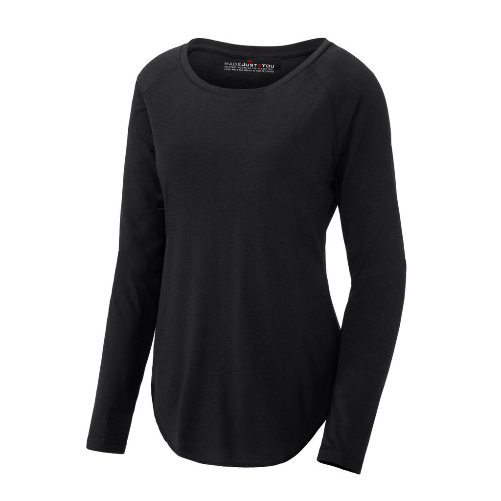 Sport-Tek Ladies PosiCharge Long Sleeve Tri-Blend Wicking Scoop Neck Raglan Tee - Black Triad Solid