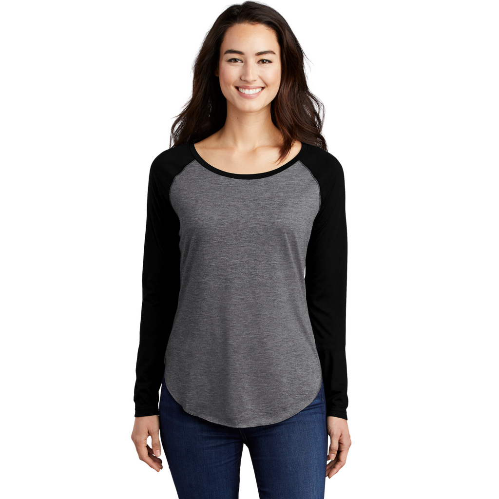 Sport-Tek Ladies PosiCharge Long Sleeve Tri-Blend Wicking Scoop Neck Raglan Tee - Black Triad Solid/ Dark Grey Heather
