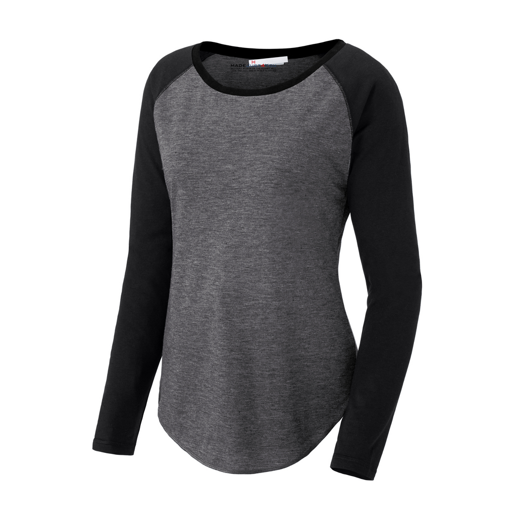 Sport-Tek Ladies PosiCharge Long Sleeve Tri-Blend Wicking Scoop Neck Raglan Tee - Black Triad Solid/ Dark Grey Heather