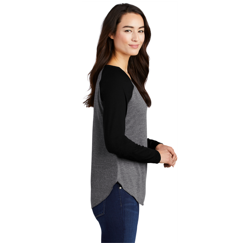 Sport-Tek Ladies PosiCharge Long Sleeve Tri-Blend Wicking Scoop Neck Raglan Tee - Black Triad Solid/ Dark Grey Heather