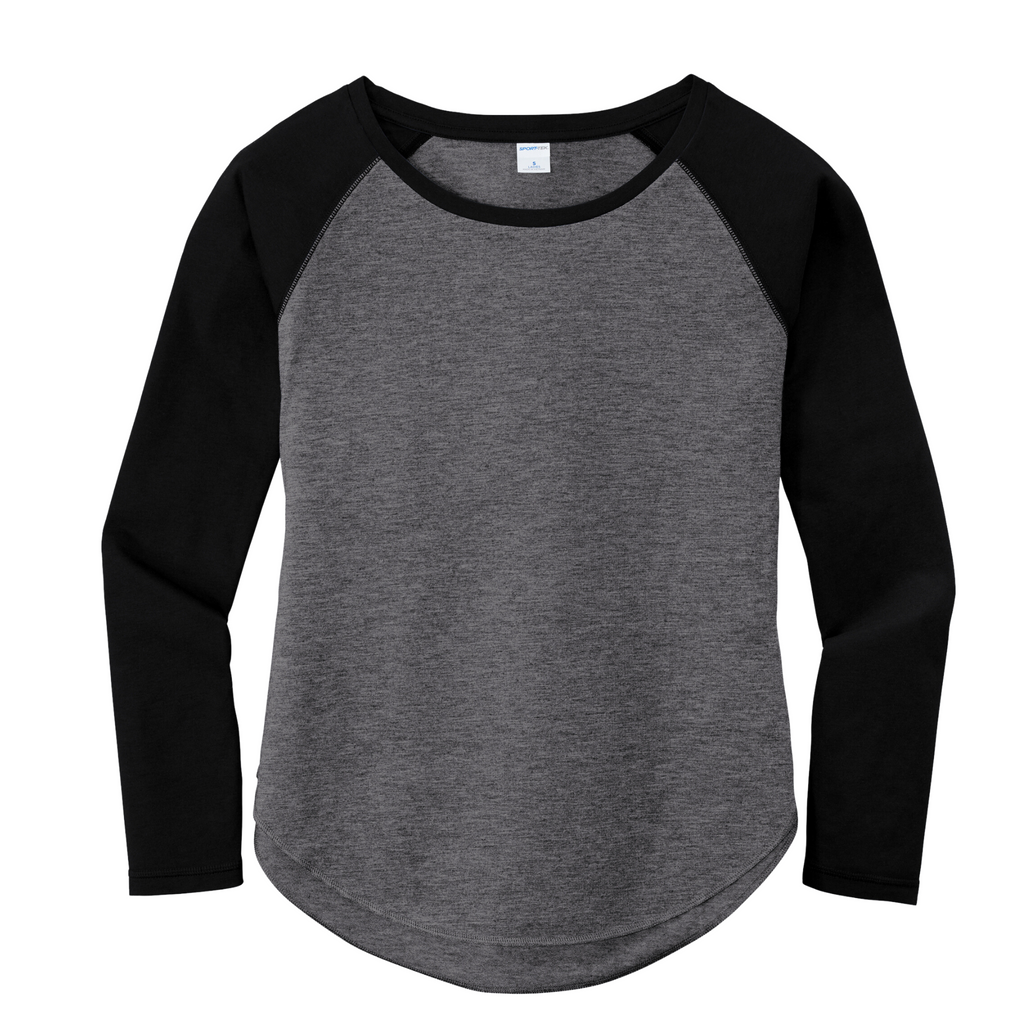 Sport-Tek Ladies PosiCharge Long Sleeve Tri-Blend Wicking Scoop Neck Raglan Tee - Black Triad Solid/ Dark Grey Heather