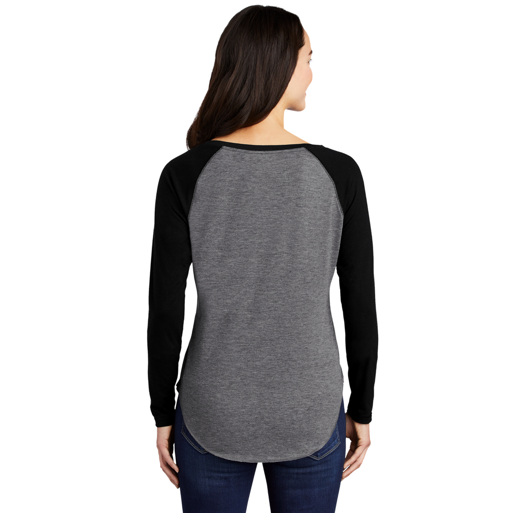 Sport-Tek Ladies PosiCharge Long Sleeve Tri-Blend Wicking Scoop Neck Raglan Tee - Black Triad Solid/ Dark Grey Heather